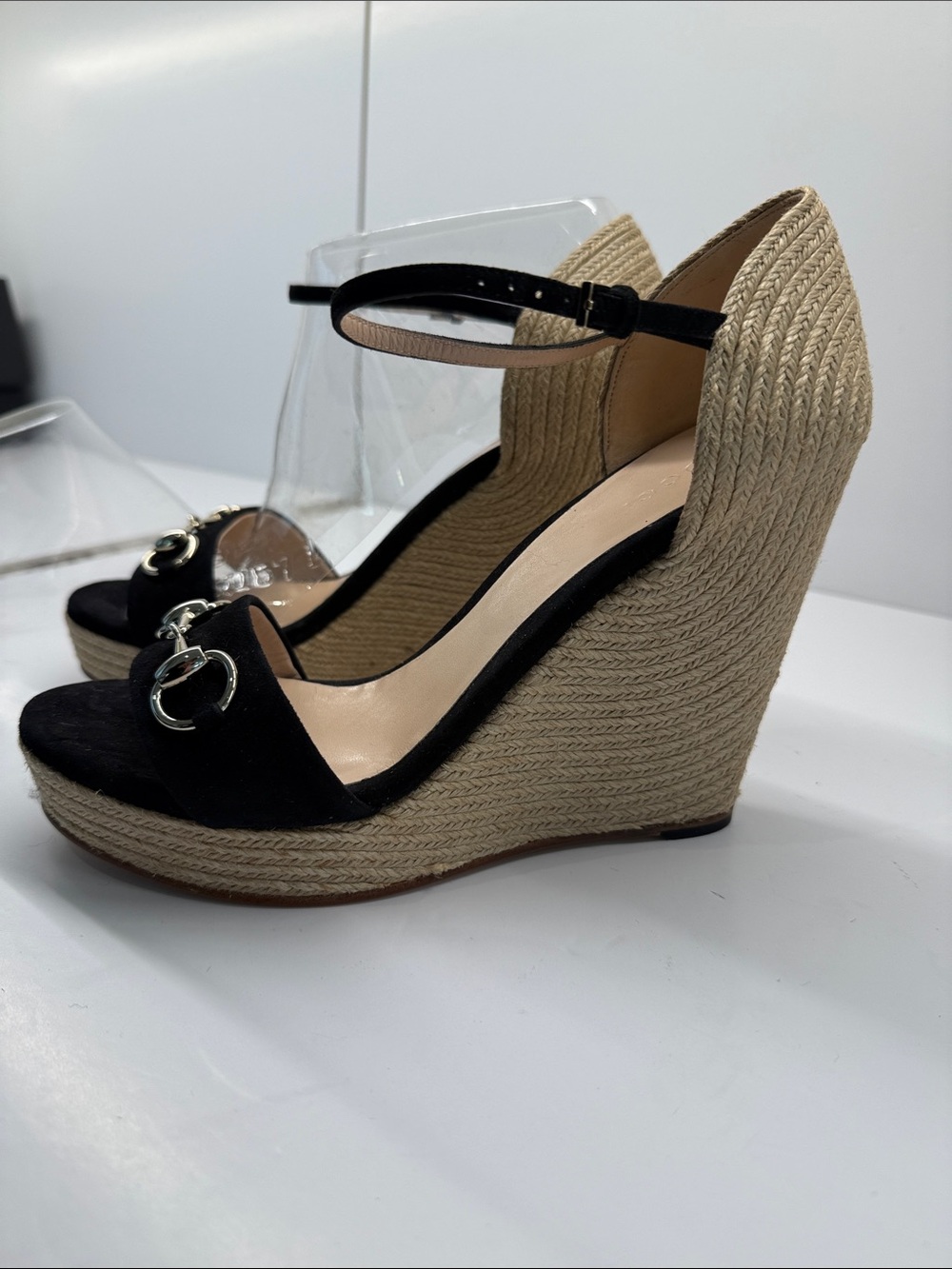 Gucci Black Suede Espadrille Wedge Sandals with Gold Horsebit - Picture 3 of 4